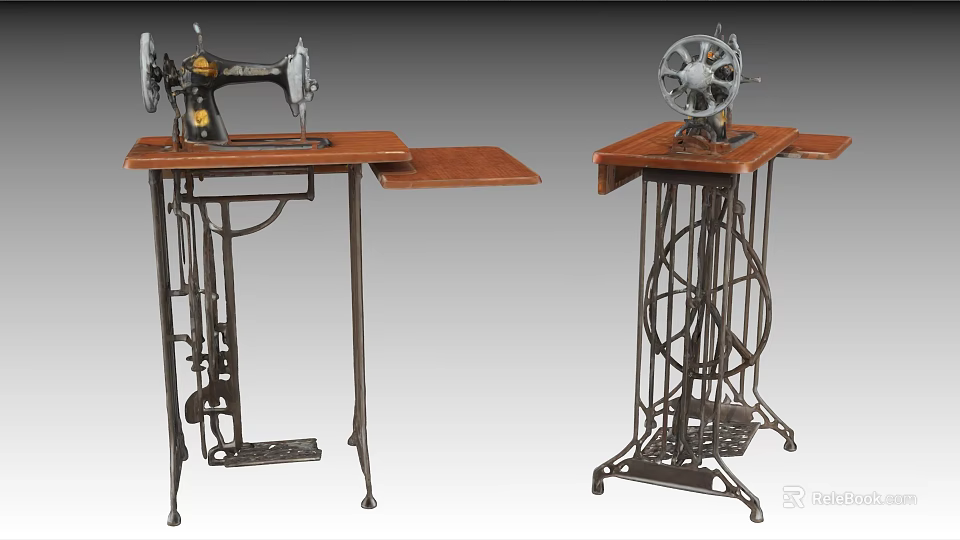Vintage Sewing Machines with Wooden Tabletop and Metal Stands for Home Use 3d model 