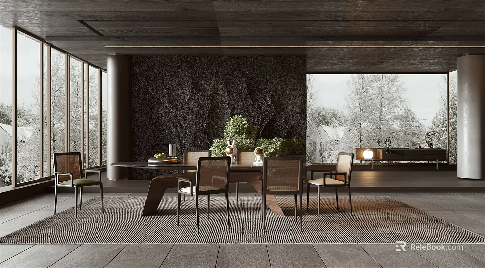 Modern Restaurant Interior With Dark Textured Wall Large Windows And Green Plants 3d model 