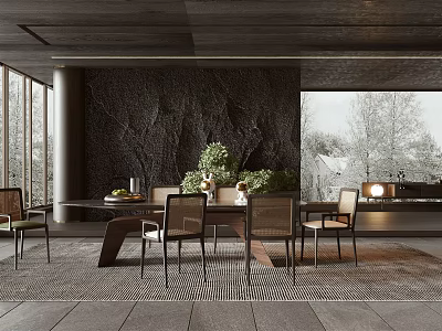 Modern Restaurant Interior With Dark Textured Wall Large Windows And Green Plants 3d model