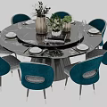 Round Dining Table And Teal Chairs Set With Marble Tabletop Decorative Vases 3d model