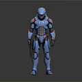 Sci Fi Robot Character In Blue Mech Suit With Red Accents And Weapon