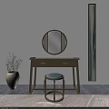 Light Wood Dressing Table Featuring Round Striped Mirror Light Blue Stool White Wall Grey Floor 3d model