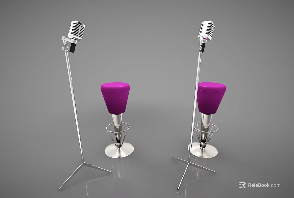 Vintage Microphones Audio Equipment with Purple Seats and Silver Metallic Stands 3d model 