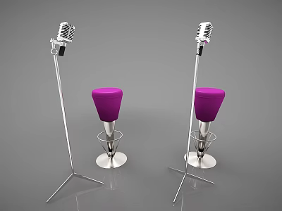 Vintage Microphones Audio Equipment with Purple Seats and Silver Metallic Stands 3d model