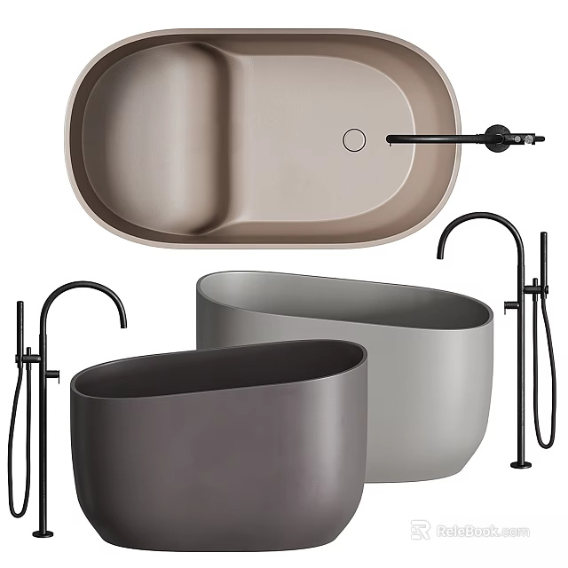 Modern Minimalist Bathtub Collection In Gray Beige With Black Faucet And Shower Fixtures 3d model 