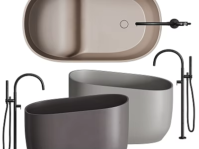 Modern Minimalist Bathtub Collection In Gray Beige With Black Faucet And Shower Fixtures 3d model