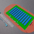 Sports Stadium Layout Design With Green Field Blue Seats And Red Track
