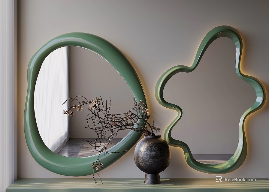 Green Unique Shaped Mirrors In Minimalist Space With Vase And Twigs 3d model 