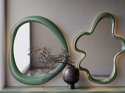 Green Unique Shaped Mirrors In Minimalist Space With Vase And Twigs 3d model