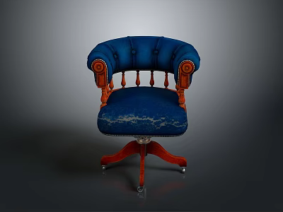 Vintage Blue Single Seater Sofa With Carved Wooden Arms And Tufted Upholstery 3d model