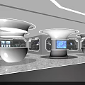 Modern Exhibition Hall Interior With White Curved Podiums And Blue Display Screens