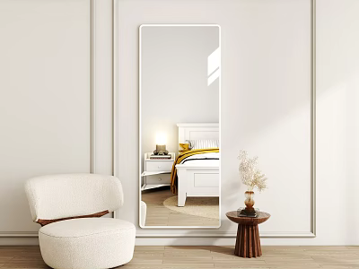 White Single Sofa With Large Mirror Reflecting Bedroom Vase Side Table Light Walls Wooden Floor 3d model