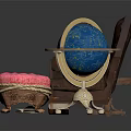Vintage Brown Armchair Small Round Coffee Table And Pink Ottoman With Decorative Globe And Books