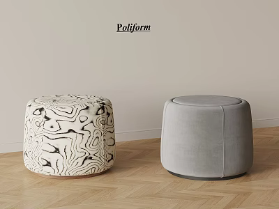Two Stylish Ottoman Poufs With Patterned And Gray Upholstery In Modern Interior 3d model
