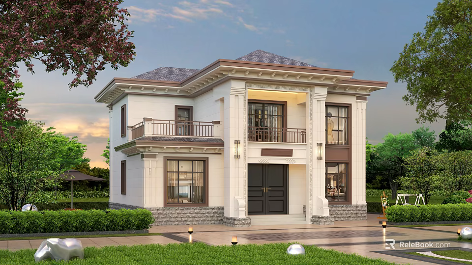 Two Story Detached Villa With White Exterior Brown Roof Balcony And Green Lawn 3d model 