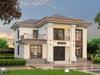 Two Story Detached Villa With White Exterior Brown Roof Balcony And Green Lawn 3d model
