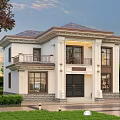 Two Story Detached Villa With White Exterior Brown Roof Balcony And Green Lawn