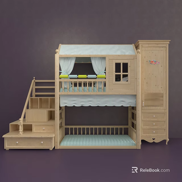 Wooden Bunk Bed For Kids Room With Stairs Drawers Curtains And Storage Cabinet 3d model 