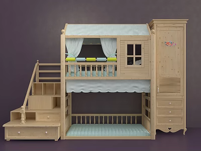 Wooden Bunk Bed For Kids Room With Stairs Drawers Curtains And Storage Cabinet 3d model