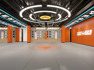 Super Energy Gym Interior With Orange Black Decor Circular Lights Punching Bags And Wall Slogans 3d model