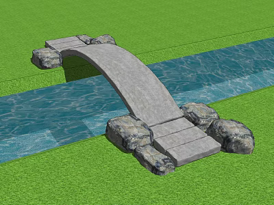 Natural Stone Arch Bridge Over Water With Green Grass And Stone Base 3d model