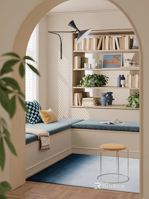 Cozy Corner With Window Seat Bookshelf And Plants 3d model