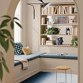 Cozy Corner With Window Seat Bookshelf And Plants 3d model