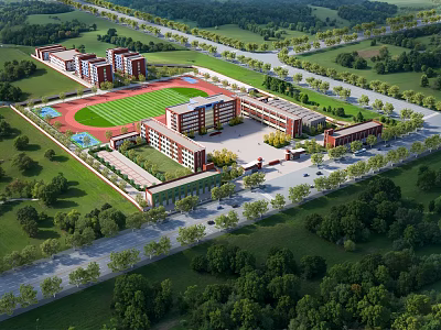 Modern School Buildings with Sports Field Green Lawns and Surrounding Trees 3d model