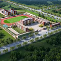 Modern School Buildings with Sports Field Green Lawns and Surrounding Trees