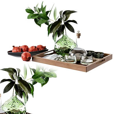 Green Glass Vase with Fresh Flowers and Wooden Tray with Pomegranates and Glass Cups 3d model