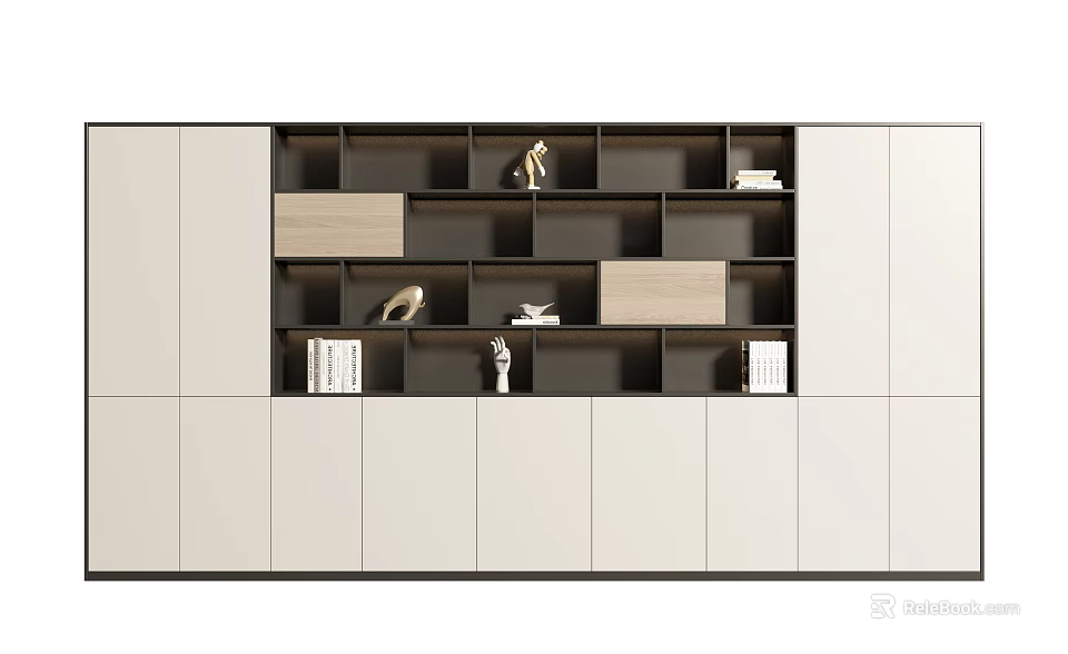 Modern Minimalist Bookcase Design With Open Shelves Wooden White Compartments Decorative Items And Books 3d model 