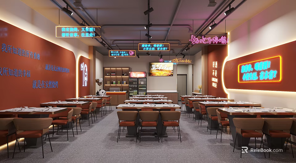 Spacious Modern Sichuan Cuisine Restaurant With Warm Tones Neon Signs And Dining Tables And Chairs 3d model 