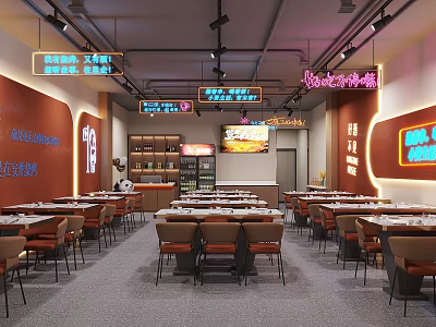 Spacious Modern Sichuan Cuisine Restaurant With Warm Tones Neon Signs And Dining Tables And Chairs 3d model