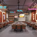 Spacious Modern Sichuan Cuisine Restaurant With Warm Tones Neon Signs And Dining Tables And Chairs