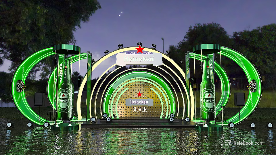 Budweiser Silver Event Neon Arch With Green Lights And Water Reflection At Night 3d model 