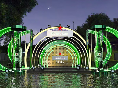 Budweiser Silver Event Neon Arch With Green Lights And Water Reflection At Night 3d model