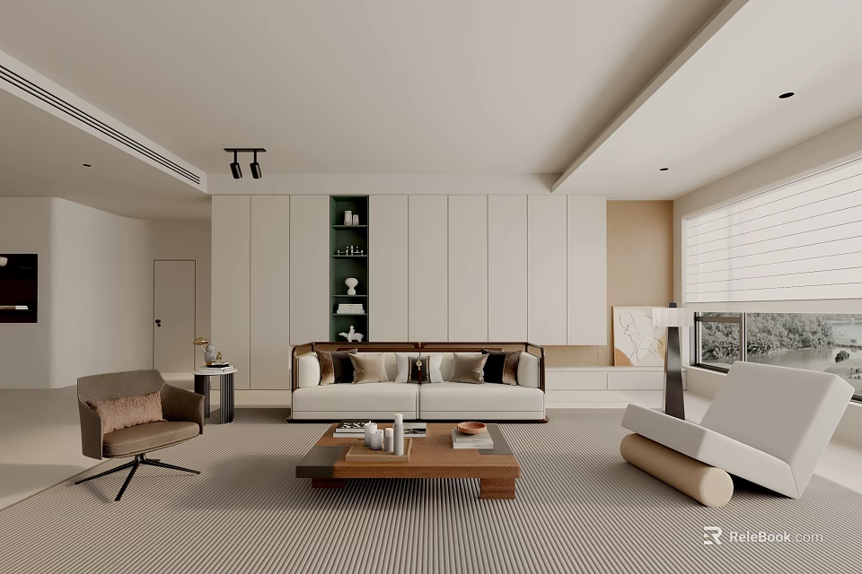 Modern Living Room Interior Design With Sofa Coffee Table White Cabinets And Window Blinds 3d model