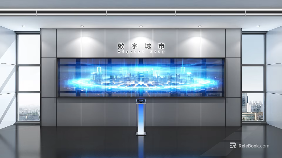 Digital City 3D Visualization On Large Screen With Control Console And Blue Light 3d model 
