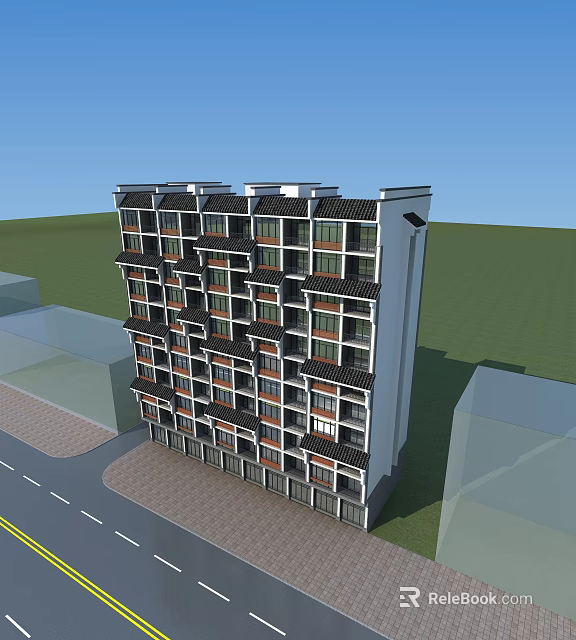 Multi storey residential building with multiple windows and balconies on green lawn near roadside 3d model 