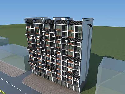 Multi storey residential building with multiple windows and balconies on green lawn near roadside 3d model