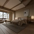 Minimalist Hotel Guest Room Interior With Wooden Ceiling Beams Bedside Lamps And Decorative Art
