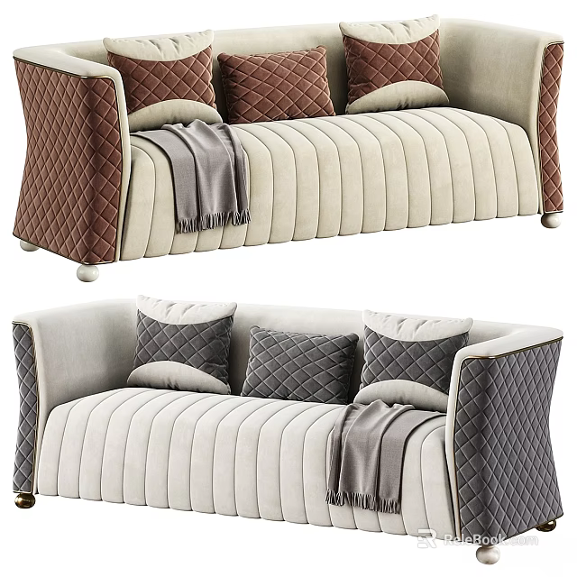 Two Seater Sofa With Beige Velvet Upholstery Brown Quilted Accents Gray Pillows And Throw Blanket 3d model 