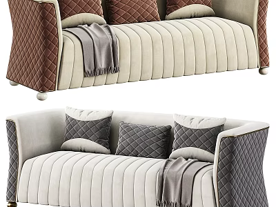 Two Seater Sofa With Beige Velvet Upholstery Brown Quilted Accents Gray Pillows And Throw Blanket 3d model