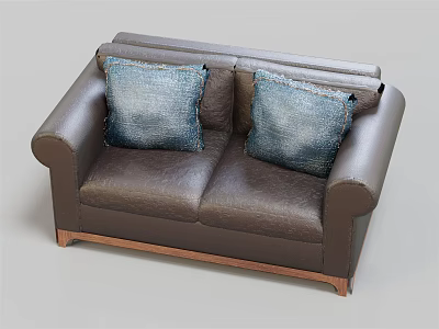 Modern Brown Leather Two Seater Sofa with Blue Cushions and Wooden Legs 3d model