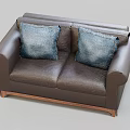 Modern Brown Leather Two Seater Sofa with Blue Cushions and Wooden Legs