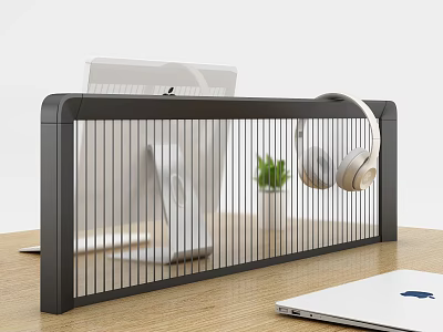 Modern Office Desk With Black Screen Partition White Monitor Headphones Potted Plant And White Laptop 3d model
