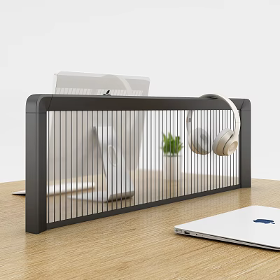 Modern Office Desk With Black Screen Partition White Monitor Headphones Potted Plant And White Laptop 3d model