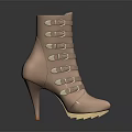 Fashionable Beige High Heel Boots With Multiple Straps Metal Buckles Thin Heel And Yellow Sole