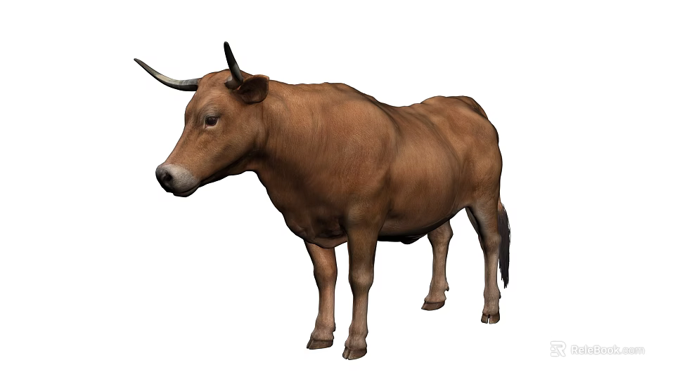 Realistic Brown Horned Cow Standing On White Background 3D Illustration 3d model 