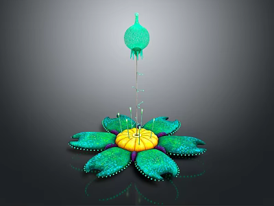 Unique Decorative Plant With Green Petals Yellow Center And Green Spherical Top Structure 3d model